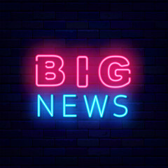 Big news neon label on brick wall. Great information. Online newspaper headline. Vector stock illustration