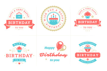 Happy birthday festive congratulations vintage emblem badge set for greeting card design vector flat