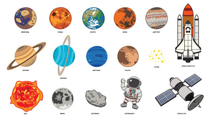 Vector illustration color children cartoon solar system planets, asteroid, stars, astronaut, satellite and space shuttle. Astronomy vector icons set clipart © wordspotrayal