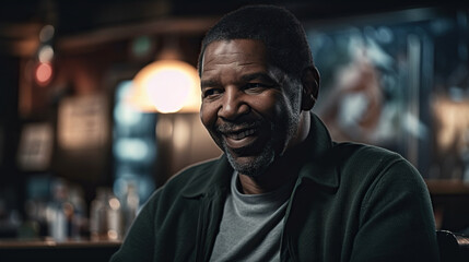 African american man smiling while sitting in a pub, Generative AI