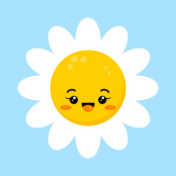 Daisy flower girl smile face happy cute character. Chamomile fun emoji plant icon vector illustration. Kids camomile emoticon.