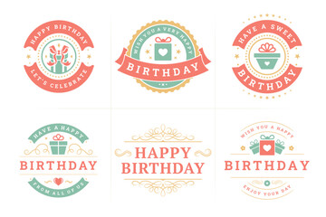 Happy birthday holiday congratulations vintage emblem badge set for greeting card design vector flat