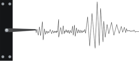 Seismograph earthquake or polygraph test red wave. Seismogram vibration or magnitude recording chart. Music volume wave or lie detector diagram record. Vector illustration.