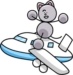 飛行機で移動するにゃんまるのイラスト　猫