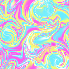 Holographic seamless pattern. The effect of flowing iridescent liquid. Psychedelic effect. Fairy tale unicorn trend background. 90s fashion..