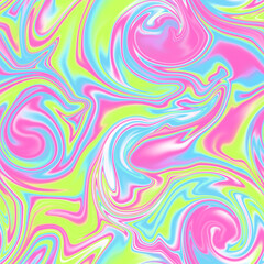 Obraz premium Holographic seamless pattern. The effect of flowing iridescent liquid. Psychedelic effect. Fairy tale unicorn trend background. 90s fashion..
