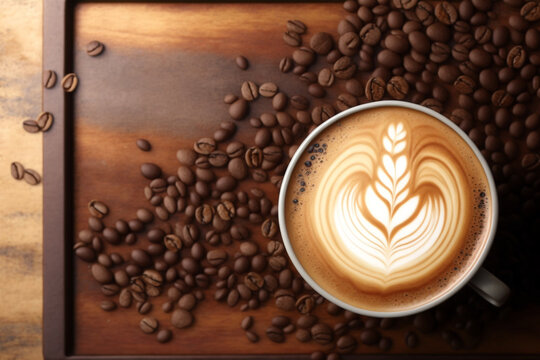 Coffee latte art and mocha on old wooden background square frame image, Generative AI	