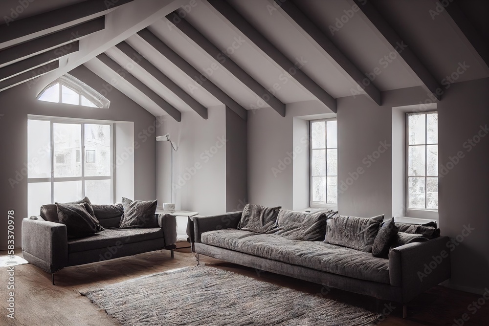 Poster Bright living room with grey sofas and interior windows., created with generative ai