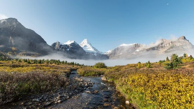 Scenery of Mount Assiniboine with river flowing and foggy in autumn forest on the morning at Assiniboine provincial park
