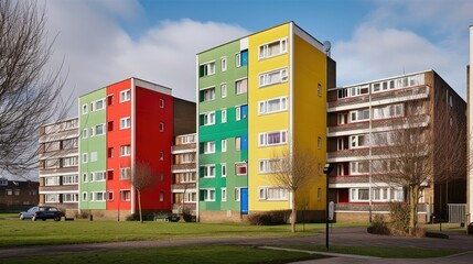 1960s tower block renovation with strong and contrasting shades of colours, generative ai