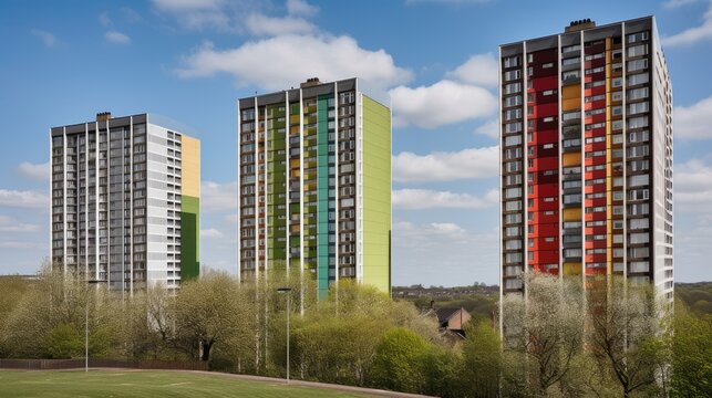 1960s tower block renovation with strong and contrasting shades of colours, generative ai