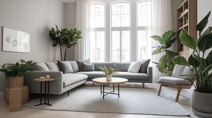 Fototapeta na wymiar Bright and clean living room with tall plants and gray couch, generative ai