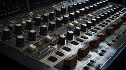 Closeup of sound mixing panel knobs and switches, generative ai