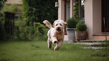 Dog running in front of house at backyard, generative ai