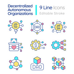 Decentralized autonomous organizations RGB color icons set. Virtual financial network. DAO technology. Isolated vector illustrations. Simple filled line drawings collection. Editable stroke