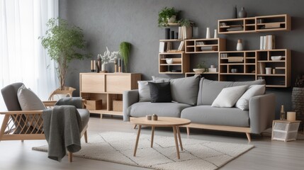 Interior of modern living room with grey sofas, window and shelving unit, generative ai