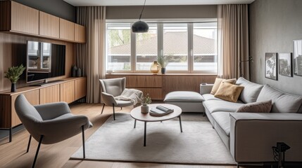 Naklejka na ściany i meble Interior view of a modern living room. Home decor concept. generative ai