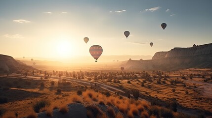 Landscape sunrise in Cappadocia with set colorful hot air balloon fly in sky with sunlight. generative ai