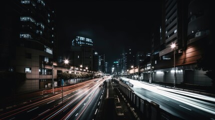 Fototapeta na wymiar Long exposure of a speedy night drive in a big city, generative ai