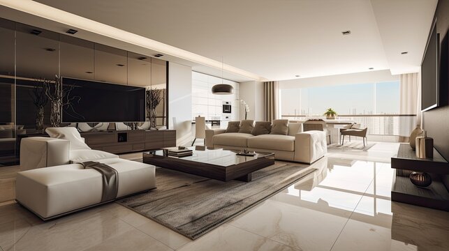 Large and luxurious interiors of a modern living room . Digitally generated image of a fully furnished living room. generative ai