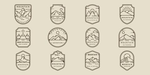 set of mountain line art logo simple emblem vector illustration template icon graphic design. bundle collection of adventure and outdoors sign or symbol for travel business with various badge