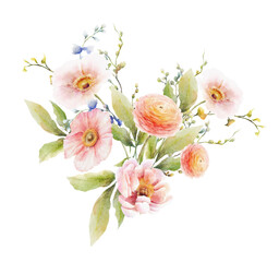Fototapeta premium Spring blooming poppies bouquet. Watercolor illustration. Hand drawn flowers for invites, cards and logos.