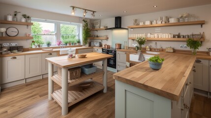 Spacious kitchen with open shelving and solid oak work surfaces, generative ai