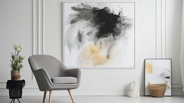 Stylish grey armchair and beautiful painting near white wall, generative ai