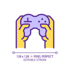 Yellow hands with controller RGB color icon. Person playing video game with joystick. Technology of virtual amusement. Gamer tool. Isolated vector illustration. Simple filled line drawing