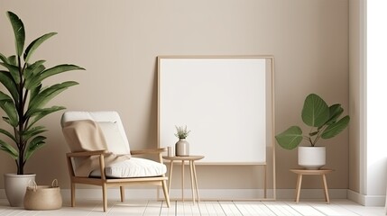 Blank white picture frame mockup on white wall. Modern living room design. View of modern Boho style, generative ai