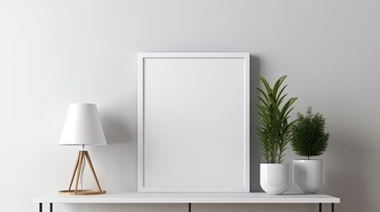 White Blank picture frame mockup on white wall. Artwork in design interior. Modern scandinavian style. Home staging and minimalism concept, generative ai
