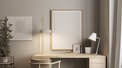 White Blank picture frame mockup on white wall. Artwork in design interior. Modern scandinavian style. Home staging and minimalism concept, generative ai
