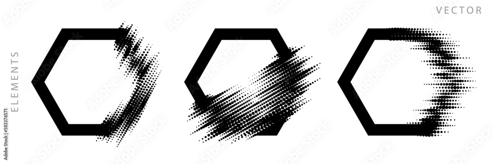 Wall mural set of hexagonal graphic elements. glitch halftone texture. vector monochrome illustration.