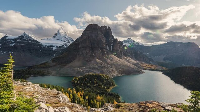 Scenery of Mount Assiniboine with Sunburst Lake and Cerulean Lake in autumn forest on Niblet viewpoint in Assiniboine provincial park