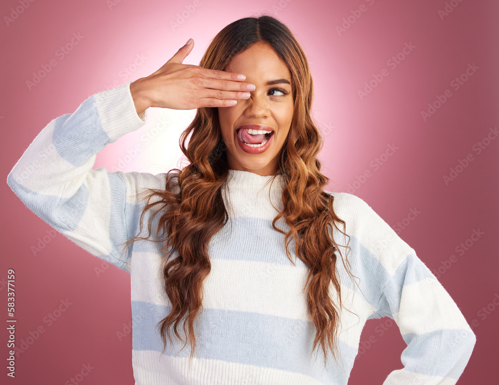 Sticker Hand, tongue out and woman in studio, silly and having fun against red background. Face, emoji and gen z girl model posing, young and confident, playful and goofy, casual and comic while isolated