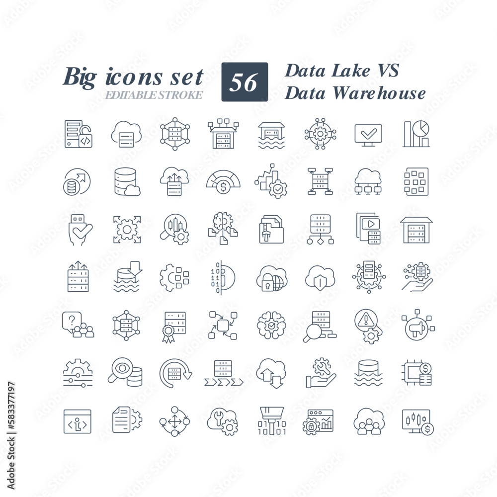 Poster Data lake vs data warehouse linear icons set. Centralized repository. Store large amounts of data. Customizable thin line symbols. Isolated vector outline illustrations. Editable stroke