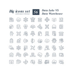 Obraz na płótnie Canvas Data lake vs data warehouse linear icons set. Centralized repository. Store large amounts of data. Customizable thin line symbols. Isolated vector outline illustrations. Editable stroke