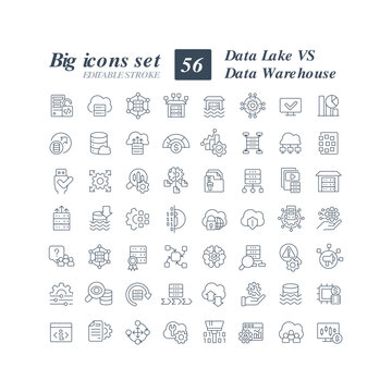 Data lake vs data warehouse linear icons set. Centralized repository. Store large amounts of data. Customizable thin line symbols. Isolated vector outline illustrations. Editable stroke