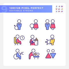 Public toilet rooms signs pixel perfect RGB color icons set. Hygiene in restrooms. Private place for guests. Isolated vector illustrations. Simple filled line drawings collection. Editable stroke