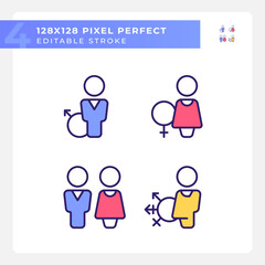 Toilets for different gender groups pixel perfect RGB color icons set. WC in public place. Restrooms definitions. Isolated vector illustrations. Simple filled line drawings collection. Editable stroke