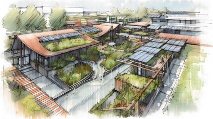 Sketch of sustainable urban architecture, featuring green roofs and solar panels. Eco friendly design, energy efficiency, carbon neutral buildings, and biophilic elements for smart city. Generative AI