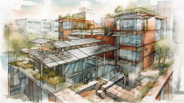 Sketch Of Sustainable Urban Architecture, Featuring Green Roofs And Solar Panels. Eco Friendly Design, Energy Efficiency, Carbon Neutral Buildings, And Biophilic Elements For Smart City. Generative AI