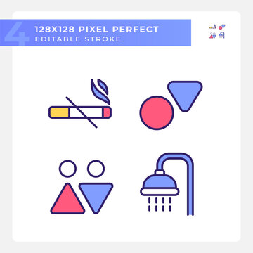 Toilet signs and service pixel perfect RGB color icons set. Smoke prohibition in public restroom. Marks for WC. Isolated vector illustrations. Simple filled line drawings collection. Editable stroke