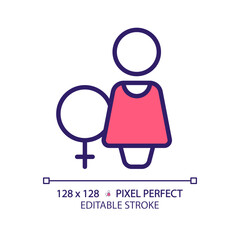Obraz premium Toilet for women pixel perfect RGB color icon. Public restroom door marking. Closed space for ladies hygiene. WC service. Isolated vector illustration. Simple filled line drawing. Editable stroke