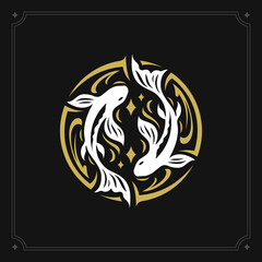 Pisces zodiac mythology horoscope art deco symbol vintage black card design vector illustration