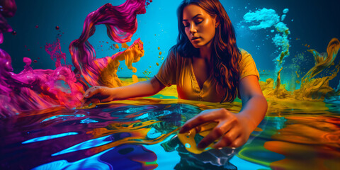 colorful surreal scene with young woman surrounded by liquid paint, visualization of creative artistic thinking, fictional person created with generative ai - obrazy, fototapety, plakaty