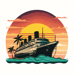 Cruise ship in front of a vintage sunset