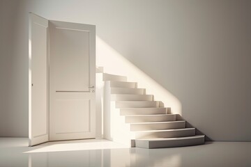 Isolated white steps with open door. Rises to the gleaming entrance. Success, accomplishment, and the staircase to paradise. Symbol of growth and inspiration. Flat representation. Generative AI