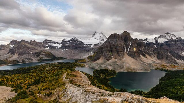 Scenery of Mount Assiniboine with Sunburst Lake and Cerulean Lake in autumn forest on Nublet viewpoint in Assiniboine provincial park