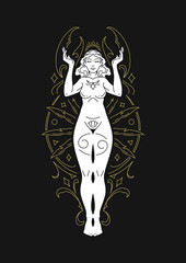 Cancer woman goddess astrology antique line art deco silhouette contoured vector illustration